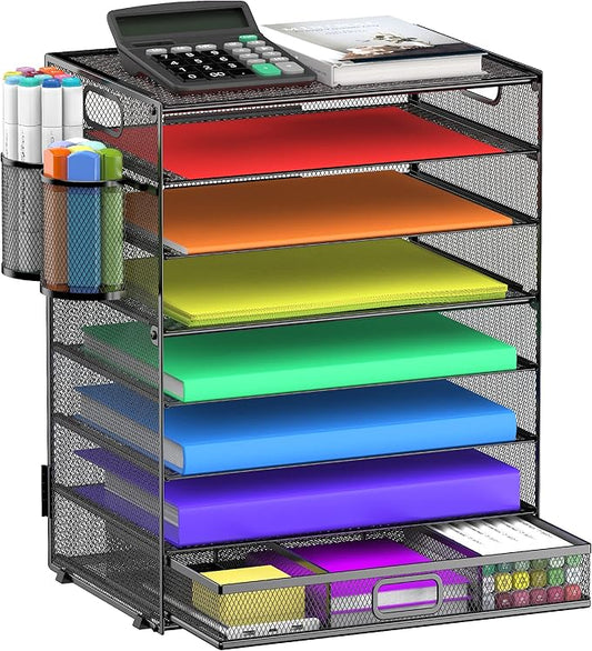 8 Tier Paper Letter Tray Organizer with Drawer & 2 Pen Holders, Mesh Desk File Holder Storage Organization for Home School Classroom & Office