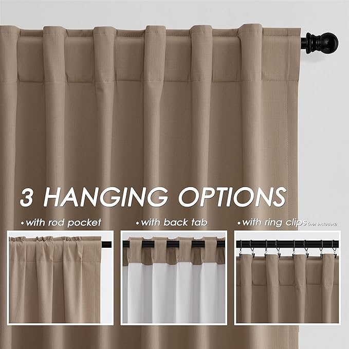 Nanspring Tan 100% Blackout Curtains 63 inches Long for Bedroom Boho Farmhouse Back Tab Rod Pocket Thermal Insulated Textured Short Room Darkening Curtains 2 Panels Set 52x63 Inches