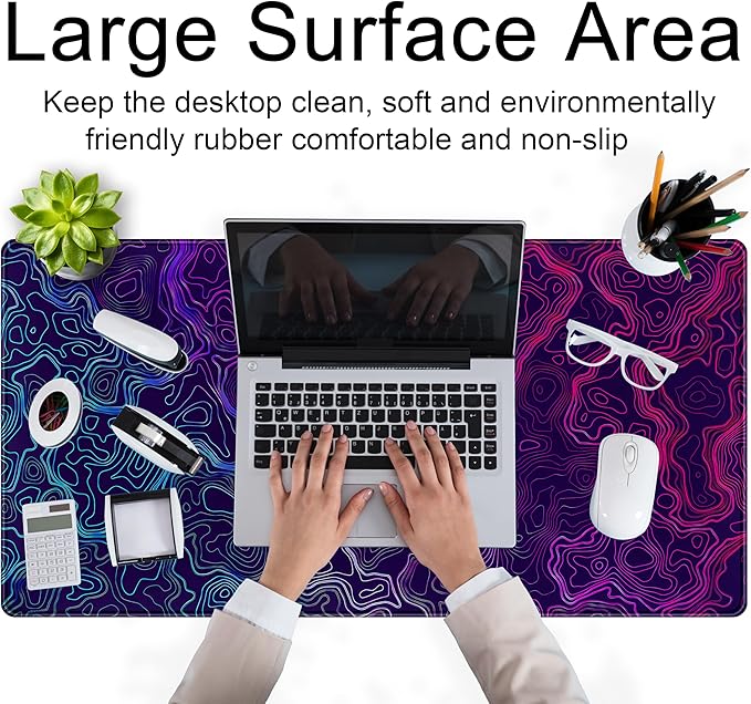 Blue Purple Desk Pad Topographic Map Desk Mat XXL Large Extended Gaming Mouse Pad Computer Mat, Laptop Keyboard and Mouse Mat, Office Decor Non-Slip Mousepad with Stitched Edge, 31.5''x15.7''