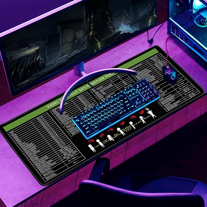 Excel Cheat Sheet Desk Pad Excel Shortcut Keys Mouse Pad Gaming Mouse Pad Desk Accessories Waterproof Non-Slip Large Computer Mat, 31.5x11.8 in (Excel Cheat Sheet)