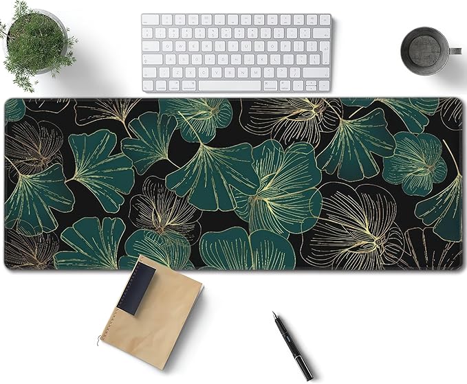 Ginkgo Leaf Large Mouse Pad, Gaming Desk Mat, XL Keyboard Desk Pad Mat for Desktop, 31.5"x11.8" Non-Slip Base Big Mousepad with Stitched Edges