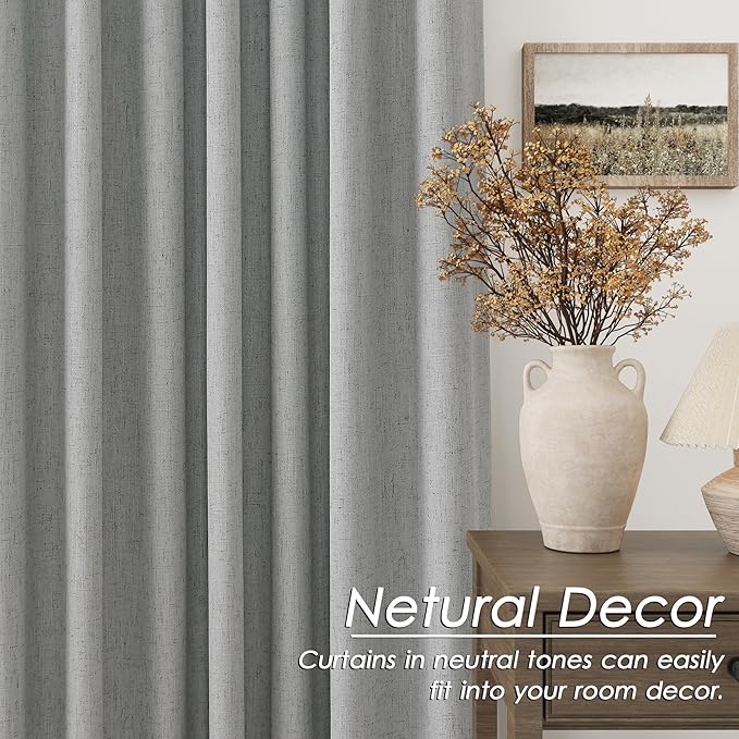 Silver Grey Linen Curtains for Bedroom Black Out 96 Inch Long Full Blackout Back Tab Pocket Curtains for Living Room Neutral Rustic Insulated Light Blocking Drapes 96 Inches Long 2 Panels 8 Ft