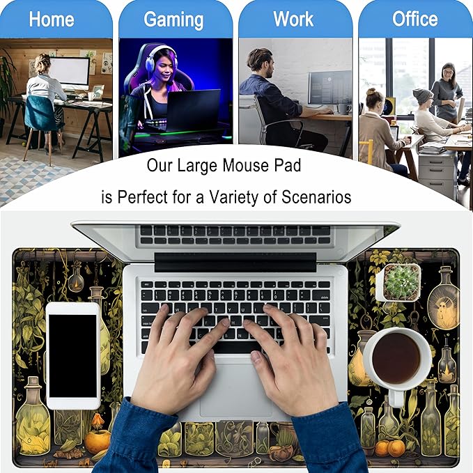 Desk Mat Green Plants Mouse Pad Gaming Mat Dark Keyboard Mat, Long Mouse Mat XXL Extended Desktop Mat Magical Bottles Computer Mats with Stitched Edges, Office Desk Accessory 31.5" x 15.7"