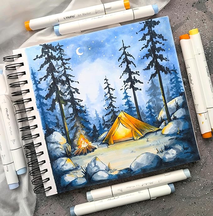 Ohuhu Double-Sided Marker Pad Art Sketchbook Bleedproof - 8.3"x8.3" Square Paper Size - 90 lb/150 gsm Smooth Drawing Paper - 60 Sheets/120 Pages, Spiral Bound Sketching Book for Alcohol Markers