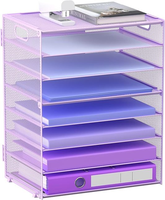 8 Tier Paper Letter Tray Organizer with Handles, Mesh Desk File Holder Storage Organization for Home School Classroom & Office (Purple)