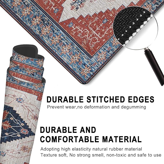 Gaming Mouse Pad, Vintage Retro Boho Rug Large Desk Mat for Keyboard and Mouse,Non-Slip Rubber Base and Stitched Edges Desk Pad for Home Office 35.4x15.7in
