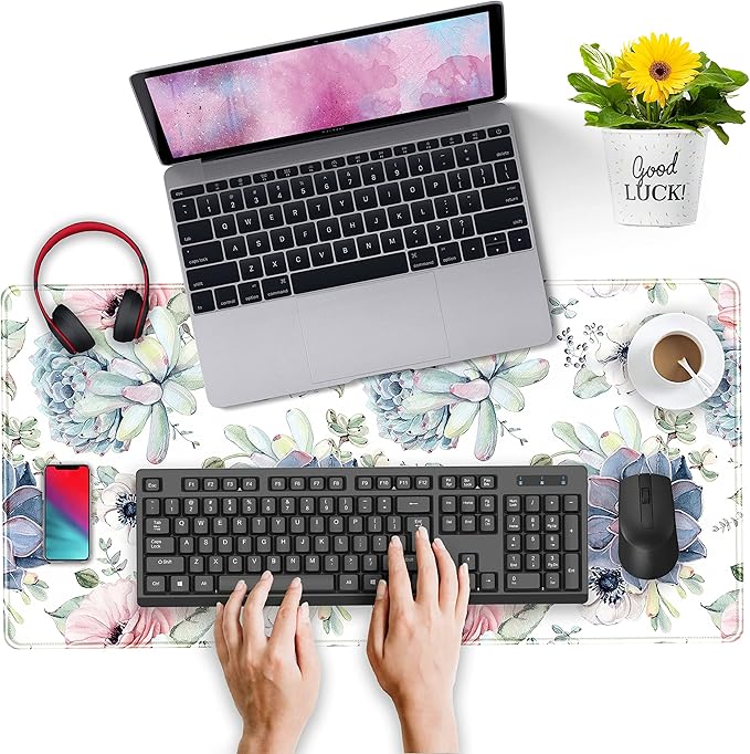 Watercolor Succulents Desk Mat, Plants Succulent Roses Desk Pad Protector, Large Gaming Mouse Pad, Stable Rubber Base Mousepad with Stitched Edges, Keyboard Mouse Mat for Work, Game, Office, Home