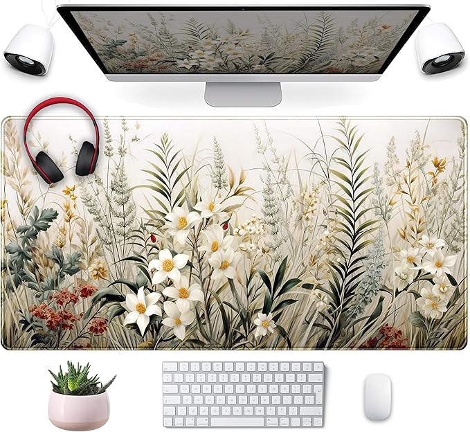 Beige Aesthetic Sage Desk Mat Cute Watercolor Flowers Mouse Pad Desk Pad, XXL Large Extended Gaming Anime Mousepad Big Keyboard Mouse Mat, Home Office Desktop Decor Deskpad for Women 31.5x15.75 in