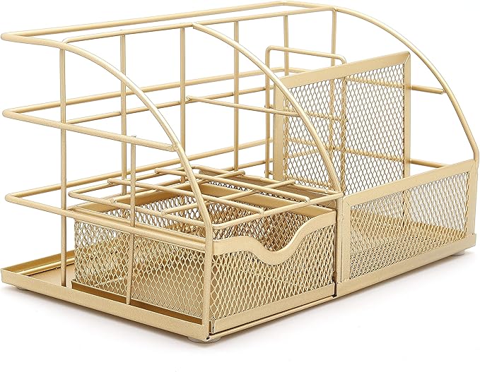 Exerz Desk Organizer Golden Office Desk Accessories Supplies Office Storage Desktop Pencil Pen Holder with Drawer Home Workspace
