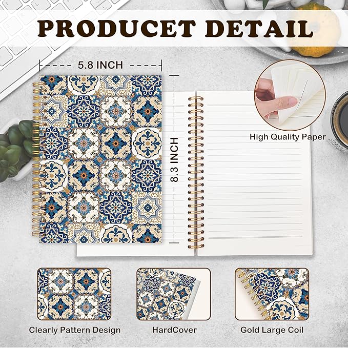 URLLUAE Vintage Ethnic Moroccan Notebook, Boho Floral Journals for Women, Boho Aesthetic Spiral Notebook Journals for Work School, Retro Floral Office Supplies Gifts, 5.5x8.3 Inch