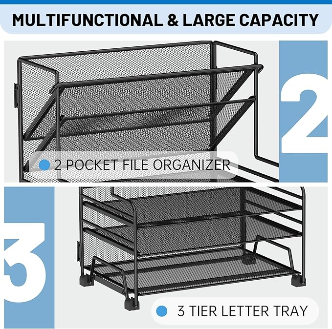 Desk File Organizer, 3-Tier Letter Tray Paper Organizer and 2-Pocket Metal Hanging Basket for Office School Classroom Organization