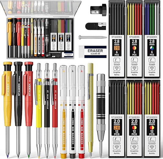 22 Pack Carpenter Pencil Set with Sharpener, Mechanical Carpenter Pencils with 60 Refills, Deep Hole Long-Nib Marker Pens, Carbide Scribe Tool & Construction Pencils for Architect with Case