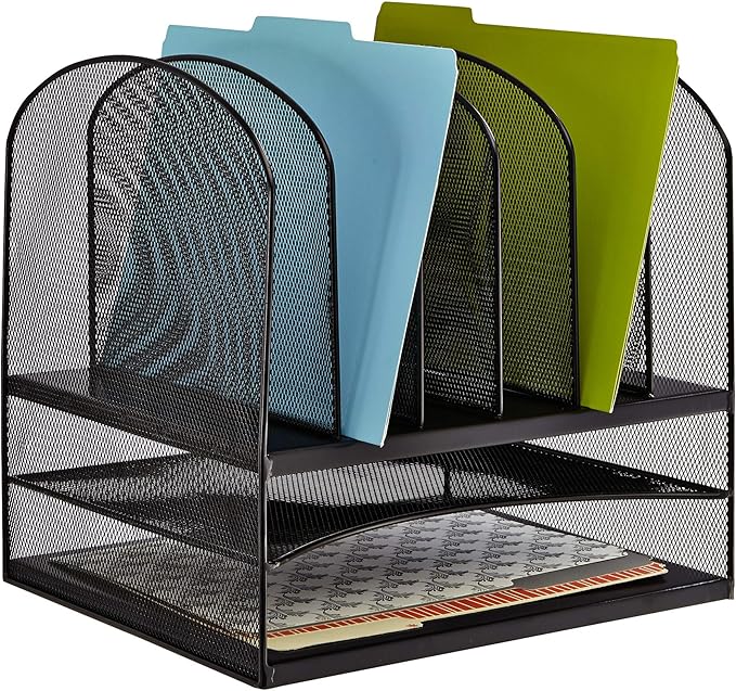 Safco Onyx Desk Organizer, 6 Vertical Compartments and 2 Trays, Office and Classroom Mailbox , Paper and Mail Sorter, Steel Mesh, Black