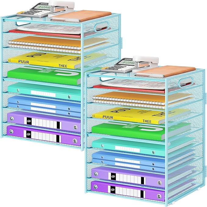 9 Tier Paper Organizer with Handle, Large Capacity Desk Organizer Mesh Paper Letter Tray File Folder Document Sorter for Classroom and Office Accessories Organization- Blue (2 Pack)