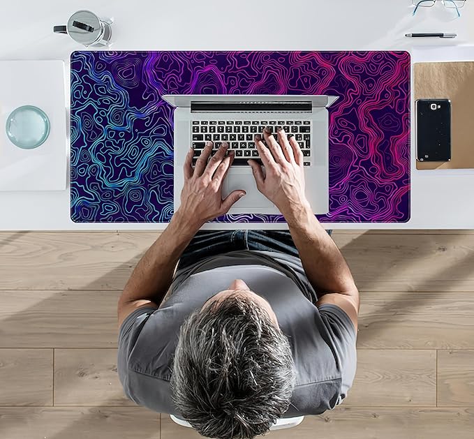 Blue Purple Desk Pad Topographic Map Desk Mat XXL Large Extended Gaming Mouse Pad Computer Mat, Laptop Keyboard and Mouse Mat, Office Decor Non-Slip Mousepad with Stitched Edge, 31.5''x15.7''