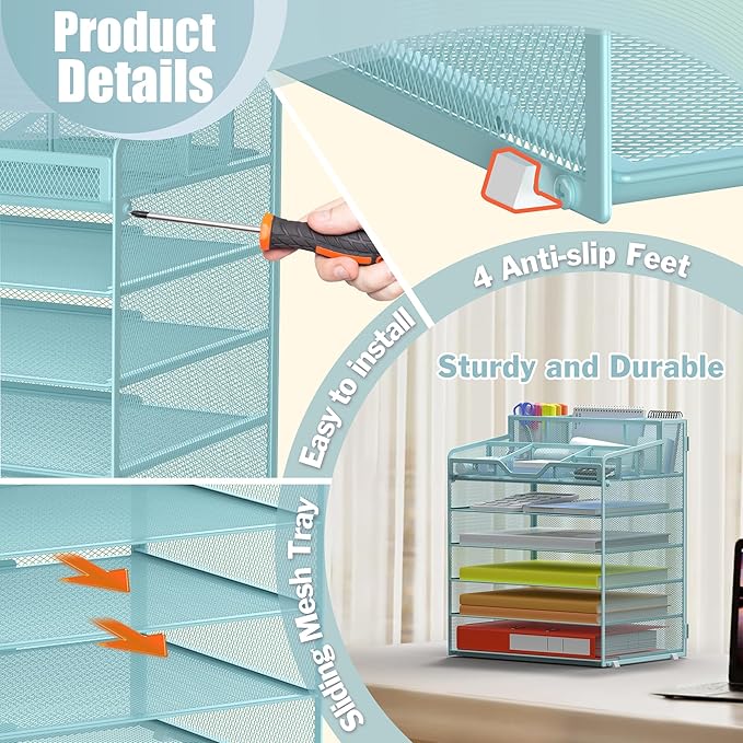 Docnest 6 Tier Mesh Desk Organizer for Paper Office Supplies – Multi-Functional Letter Tray with 5 Adjustable Compartments, 3 Pen Holders, Desktop Storage for Files, Mail, Stationery – Blue