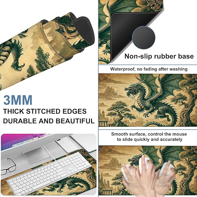 Vintage-Style Dragon Gaming Mouse Pad 3mm Thick Stitched Edge Waterproof Non-Slip Large Computer Keyboard Mouse Mat,Suitable for Office Entertainment Decorative Desk Pad 35.4 x 15.7 Inches