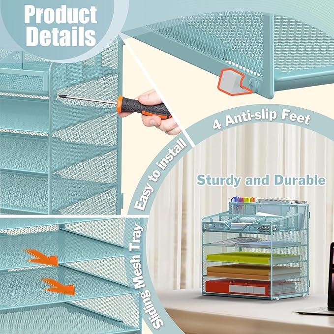 Docnest 5 Tier Mesh Desk Organizer for Paper Office Supplies – Multi-Functional Letter Tray with 5 Adjustable Compartments, 3 Pen Holders, Desktop Storage for Files, Mail, Stationery – Blue