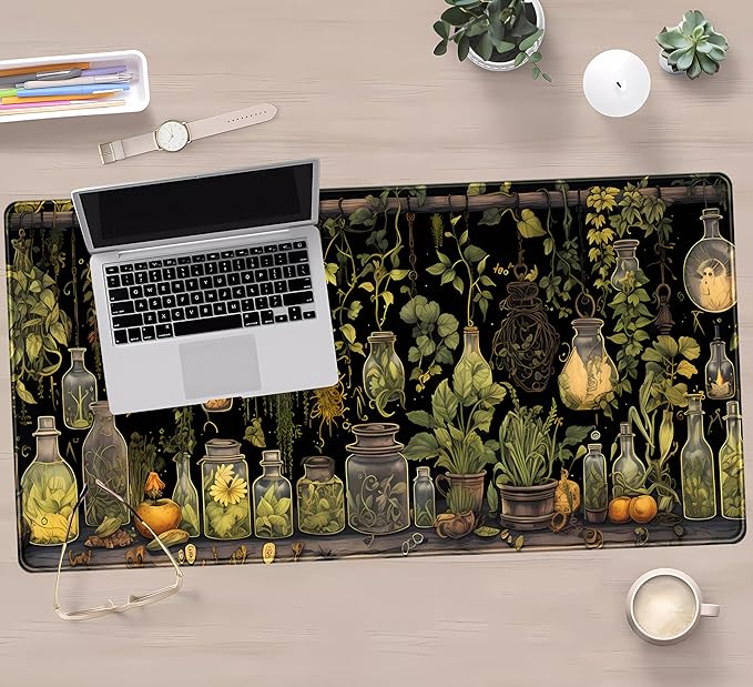 Desk Mat Green Plants Mouse Pad Gaming Mat Dark Keyboard Mat, Long Mouse Mat XXL Extended Desktop Mat Magical Bottles Computer Mats with Stitched Edges, Office Desk Accessory 31.5" x 15.7"