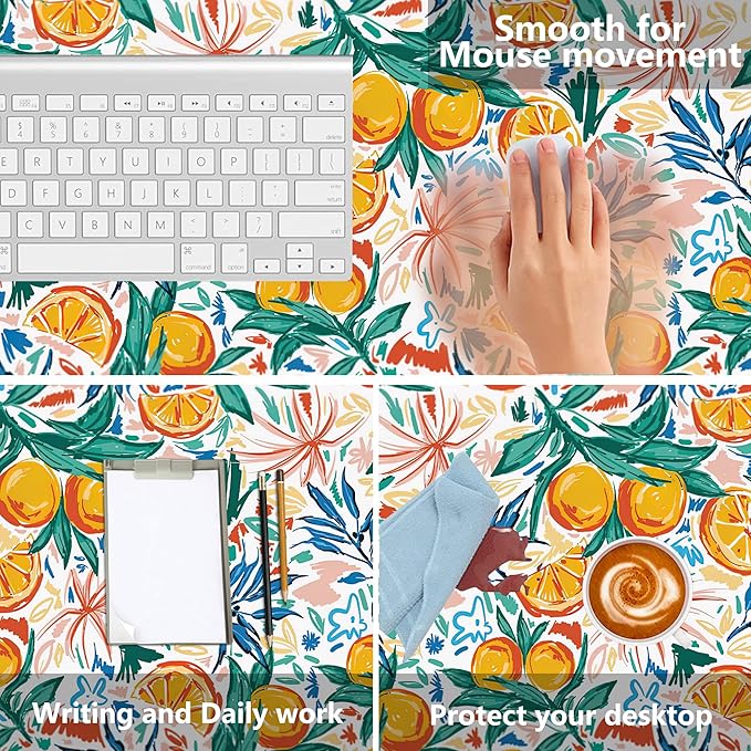 MIOAOSRT Desk Mat,Colorful of Summer Fruits Orange and Leaves Gaming Mouse Pad,XXL Extended Mouse Pad Mat for Office,Computer,Keyboard with Non-Slip Base Stitched Eges Mousepad 35.4x15.75 inch