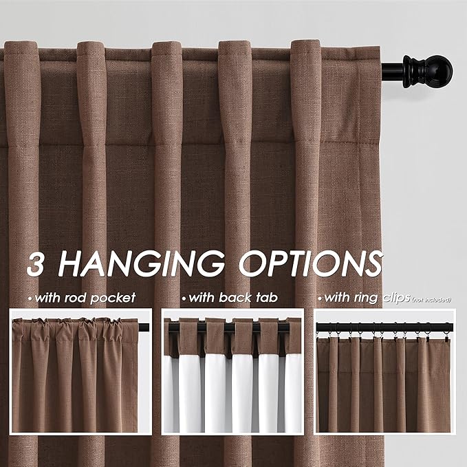 Caramel Brown Linen Blackout Curtains 120 Inch Length 2 Panels Set Burg Extra Long 10 Ft Back Tab Pocket Drapes Cotton Textured Total Sun Blocking Curtains for Living Room Cottage High Window 52x120
