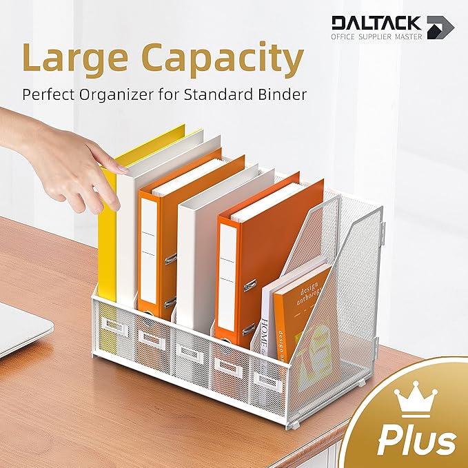 DALTACK Desk Organizers Metal Magazine File Holder with 5 Vertical Compartments Folder Storage Binder Organizer for Office Home School Organization, White Plus