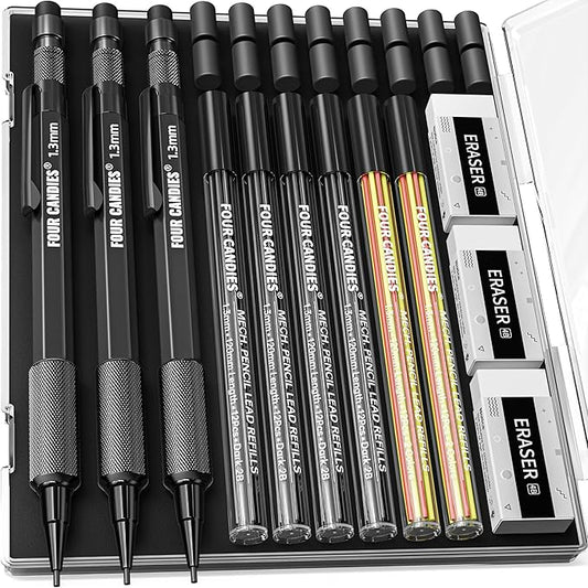 Four Candies 1.3mm Mechanical Pencil Set with 72 Lead Refill, 3PCS Metal Weatherproof Body Heavy Duty Carpenter Pencil, 3 Eraser, 16 Eraser Refill, for Outdoor Woodworking Drafting Marking with Case
