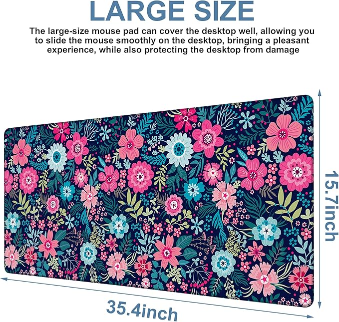 Colorful Flowers Gaming Mouse Pad 3mm Thick Stitched Edge Waterproof Non-Slip Large Computer Keyboard Mouse Mat,Suitable for Office Entertainment Decorative Desk Pad 35.4 x 15.7 Inches