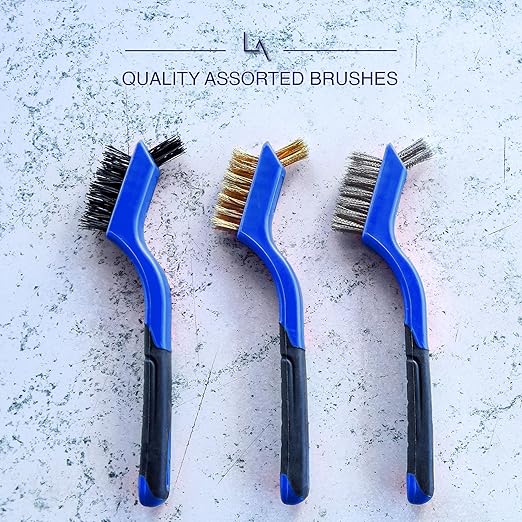 Lavaxon Wire Brush Set 3Pcs - Nylon/Brass/Stainless Steel Bristles with Curved Handle Grip for Rust, Dirt & Paint Scrubbing with Deep Cleaning – 7 Inches (Blue)