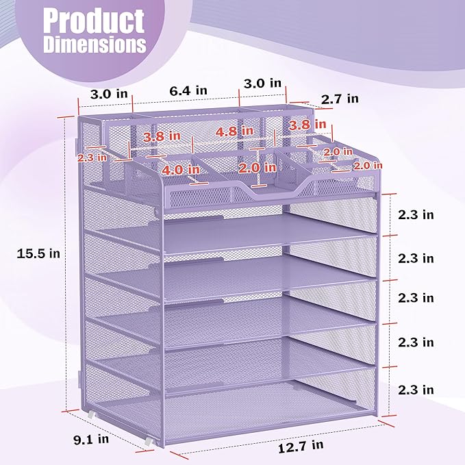 Docnest 6 Tier Mesh Desk Organizer for Paper Office Supplies – Multi-Functional Letter Tray with 5 Adjustable Compartments, 3 Pen Holders, Desktop Storage for Files, Mail, Stationery – Purple