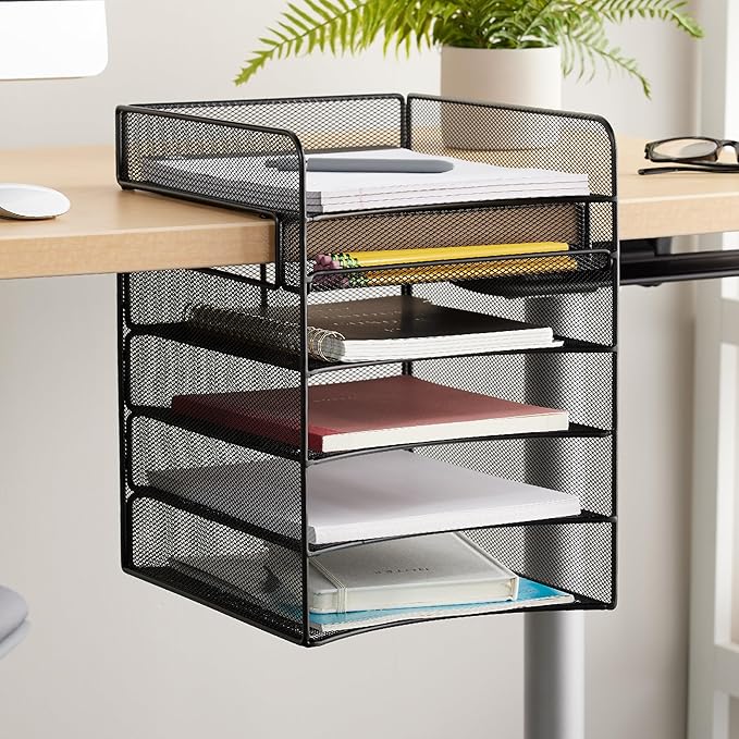 Safco Onyx Hanging Under Desk Organizer, 5 Trays, Office and Classroom Mailbox , Paper and Mail Sorter, Steel Mesh, Black