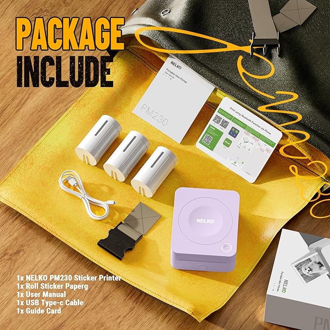 Nelko Sticker Printer, PM230 Print Pod Mini Bluetooth Portabel Sticker Maker with 3 Rolls Paper, Print Pods Mini Printer with Multiple Templates for Phone & Tablet，for School Office Home, Purple