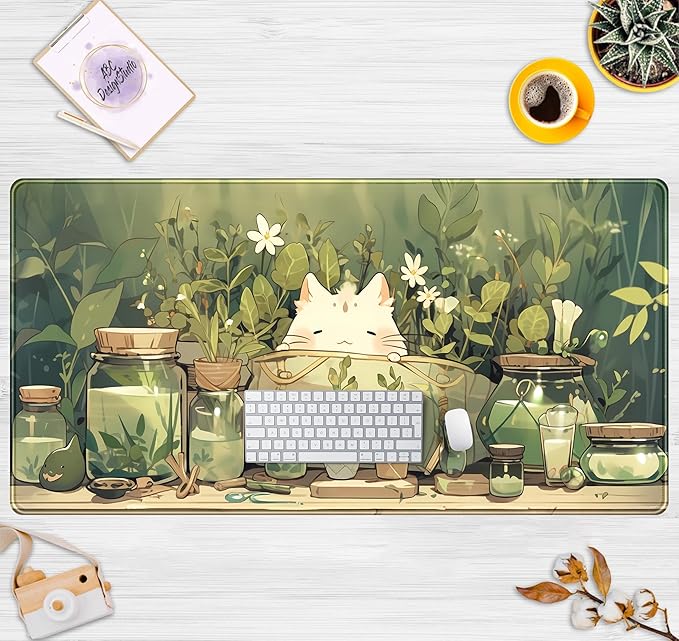 Cute Desk Mat Green Plant Cat Kawaii Sage Mouse Pad Gaming XXL Large Mousepad Extended Desk Matt for Desktop, Laptop Computer Keyboard Mouse Mat for Women Office Decor Accessories 31.5''x15.7''