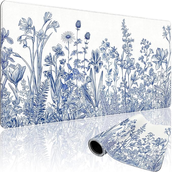 Narcissus Blue Floral Large Gaming Mouse Pad 31.5"x15.7"｜ Flower XXL Desk Mat, Non-Slip Rubber Base & Stitched Edges - Extended Waterproof Mousepad for PC/Laptop/Office/Home Decor