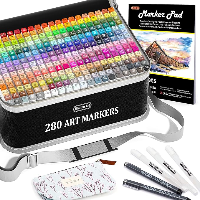 Shuttle Art 280 Colors Dual Tip Alcohol Based Art Markers, 279 Colors Permanent Marker Plus Colorless Blender, Micro-tip Pens, White Highlighter Pens, Marker Bag with Holders for Kids Adult Coloring