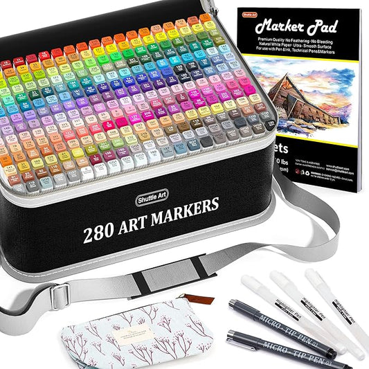 Shuttle Art 280 Colors Dual Tip Alcohol Based Art Markers, 279 Colors Permanent Marker Plus Colorless Blender, Micro-tip Pens, White Highlighter Pens, Marker Bag with Holders for Kids Adult Coloring