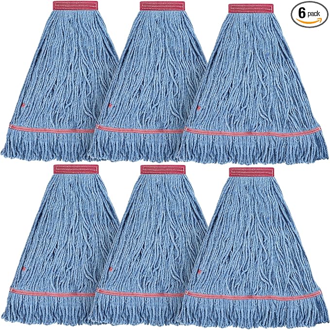 Matthew Cleaning 20oz Heavy Duty Mop Head Commercial Replacement for General and Floor Cleaning, Wet Industrial Blue Cotton Looped End String Head Refill (Pack of 6) Blue