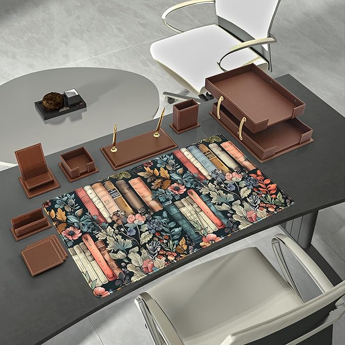 Floral Books Desk Mat Reading Desk Pad Mouse Mat XXL, Colorful Mouse Keyboard Pad Flower Bookshelf Desktop Mat, Long Computer Mats Aesthetic Desk Accessory Reader's Home Decor 31.5" x 15.7"