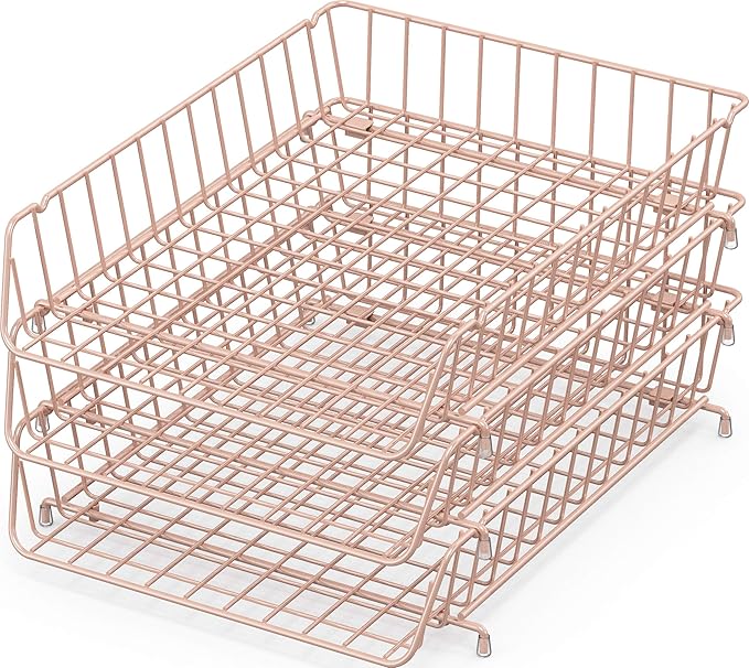 SimpleHouseware Stackable Desk File Document Letter Tray, Wire Grid, 3 Packs, Rose Pink