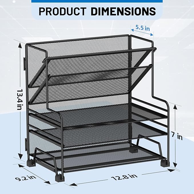 Desk File Organizer, 3-Tier Letter Tray Paper Organizer and 2-Pocket Metal Hanging Basket for Office School Classroom Organization