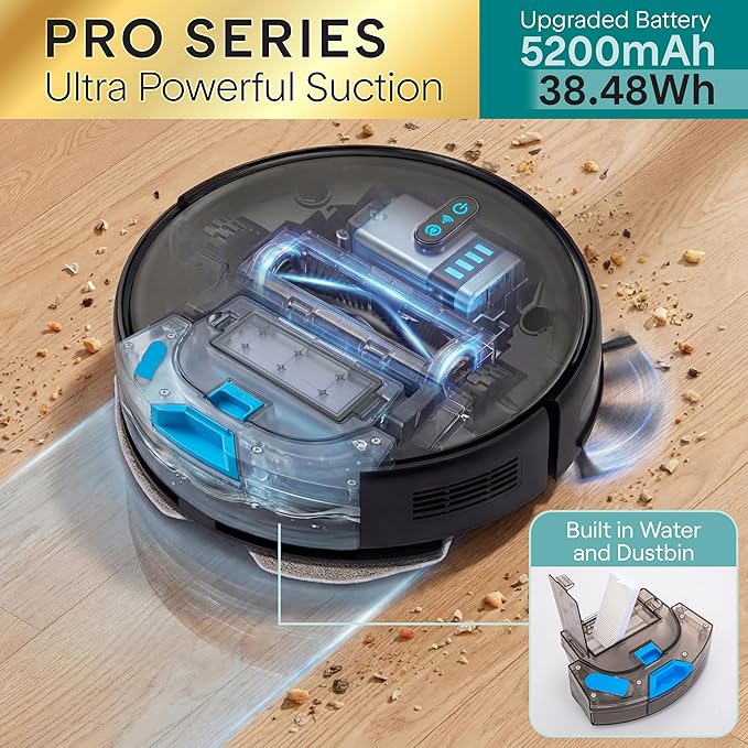 SereneLife Smart Robot Vacuum Cleaner and Mop Combo, Pro Edition with Upgraded Battery, Extreme Suction, Internal Water Tank - App Control, Ideal for Pet Hair, Carpet and Hard Floors, Black