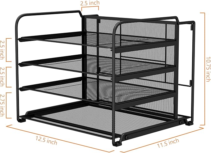 CAXXA 4 Tier Mesh Document Trays with Vertical Upright Section for Hanging File Holders, Mesh Office Supplies Desk Organizer, Black