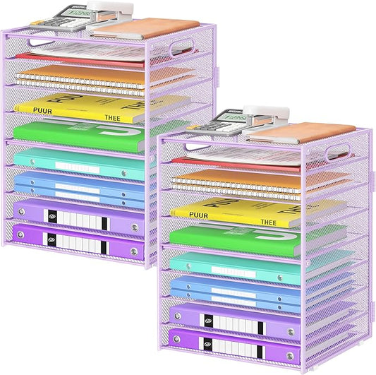 9 Tier Paper Organizer with Handle, Large Capacity Desk Organizer Mesh Paper Letter Tray File Folder Document Sorter for Classroom and Office Accessories Organization- Purple (2 Pack)