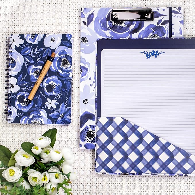 Steel Mill & Co Cute Floral Mini Spiral Notebook, 8.25" x 6.25" Journal with Durable Hardcover and 160 Lined Pages, Blue Watercolor