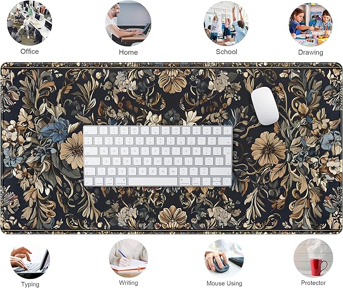 Vintage Floral Desk Mat Blue Wildflowers Mouse Pad Cottagecore Mousepad, XXL Large Extended Gaming Desk Matt for Desktop, Laptop Keyboard Mouse Mat for Women Office Decor Accessories, 31.5x15.75 in