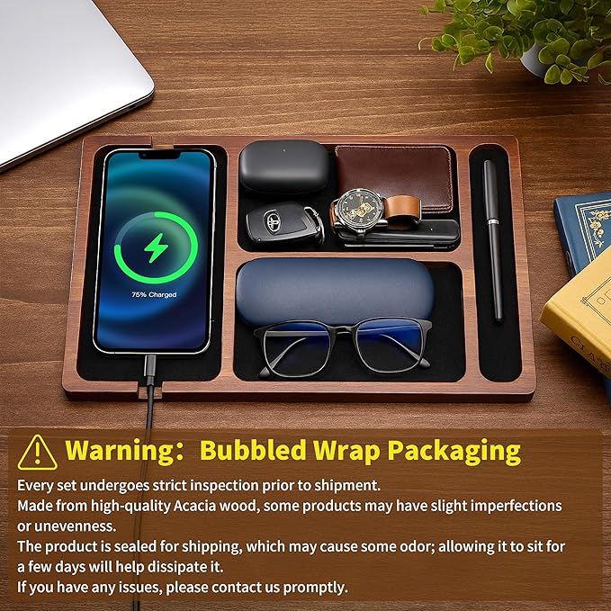Valet Tray, Multi-Space Acacia Wood Leather Surface Desk Organizer Tray with Charging Assistance Port for Office or Study Room, Nightstand Organizer for EDC, Store Phone, Watch, Wallet, Keys, Jewelry