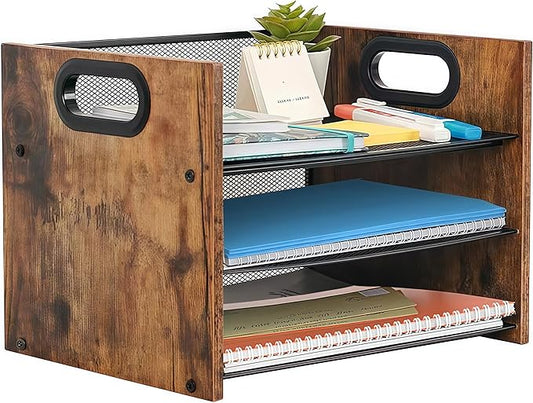 Wood Desk Organizer - 3-Tier Desktop File Organizer, Wooden Paper Tray, Office Desk Organzier and Accessories for Papers, Mail, Notebooks, Stationery