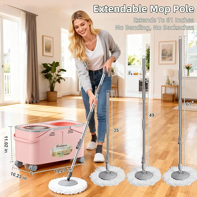 2026 Upgraded Gen 2 Spin Mop and Bucket Set with 4 Swivel Wheels for Easy Rolling, Separates Clean & Dirty Water, Floor Mop with 6 Washable Mop Heads for Wood, Tile, Vinyl, Baseboards - Pink