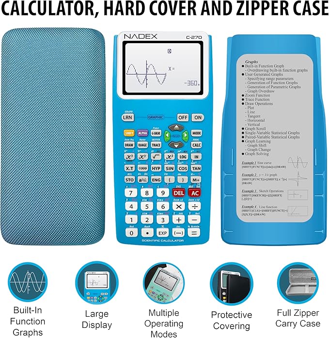 Scientific Calculator with Graphing, Includes Carrying Case, for College and High School Students, Calculus, Algebra, Geometry, Trigonometry, Statistics, Physics, Chemistry, Blue