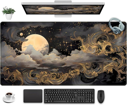 Golden Moon Desk Pad Black Desk Mat XXL Mouse Gaming Pads, Starry Sky Keyboard Pads Extra Large Desktop Computer Mats with Non-Slip Base & Stitched Edges, Vintage Office Decor 31.5" x 15.7"